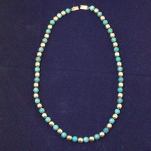 Unusual turquoise bead & silver bead 27-inch necklace